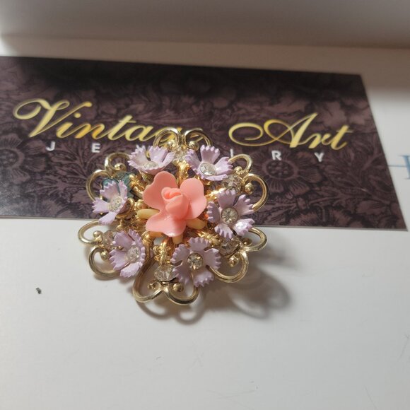 Antique Brooch Christian Peach Rose and a Cross says Protect us - Picture 6 of 9